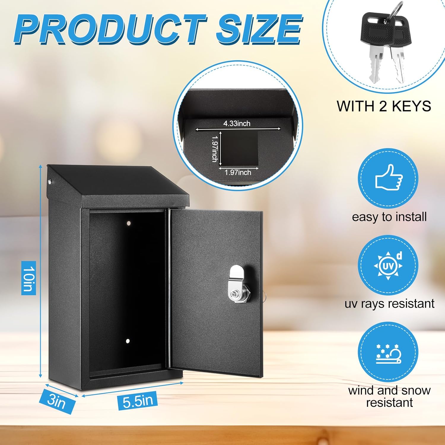 Metal Locking Mailbox Wall Mount Key Drop Mailbox for Outside Suggestion Box Box Donation Box for Hanging Secure Postbox with 2 Office Garden(Balck,10 x 5.5 x 3) Metal Locking Mailbox Wall Mount Key Drop Mailbox for Outside Suggestion Box Box Donation Box for Hanging Secure Postbox with 2 Office Garden(Balck,10 x 5.5 x 3)