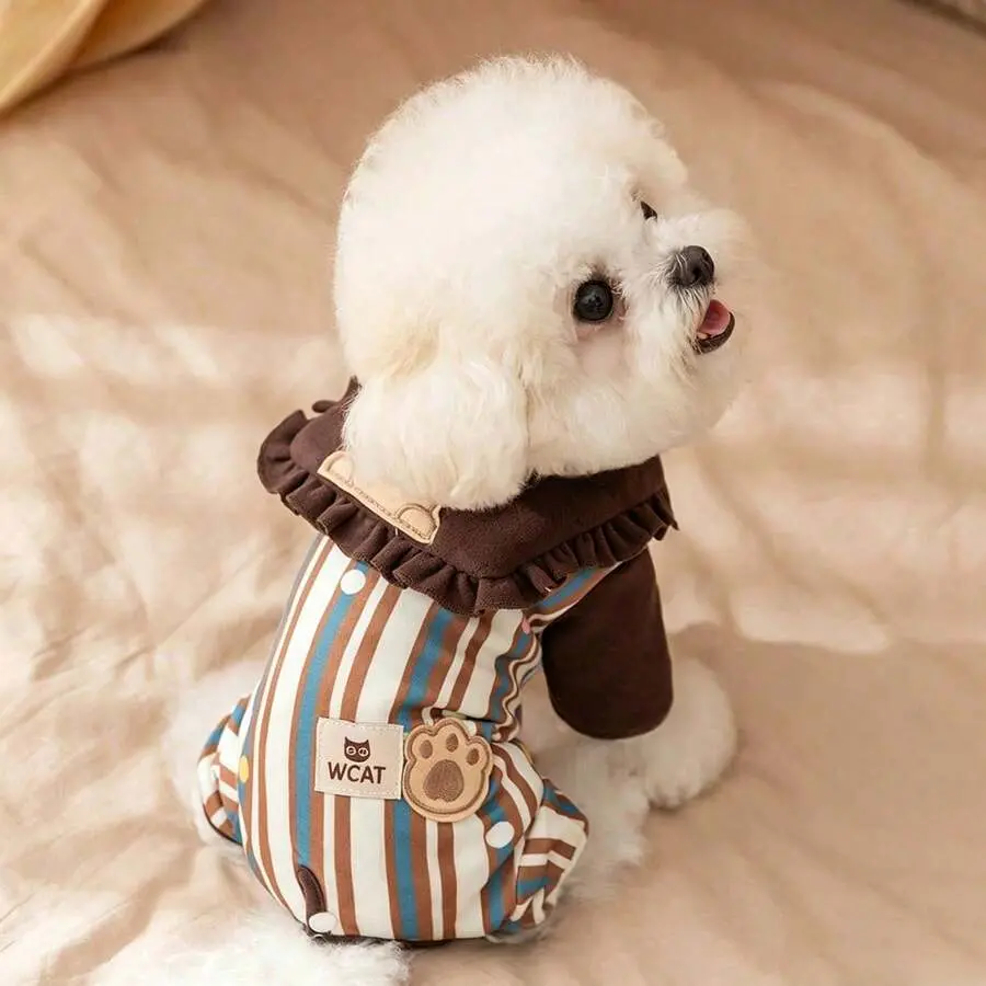 Cute Bear Embroidery Pet Jumpsuit Ruffle Collar Striped Four-Legged Puppy Kitten Clothes, Soft Warm Pet Pajamas Outfit For Small Medium Dogs Cats, 2 Colors Available