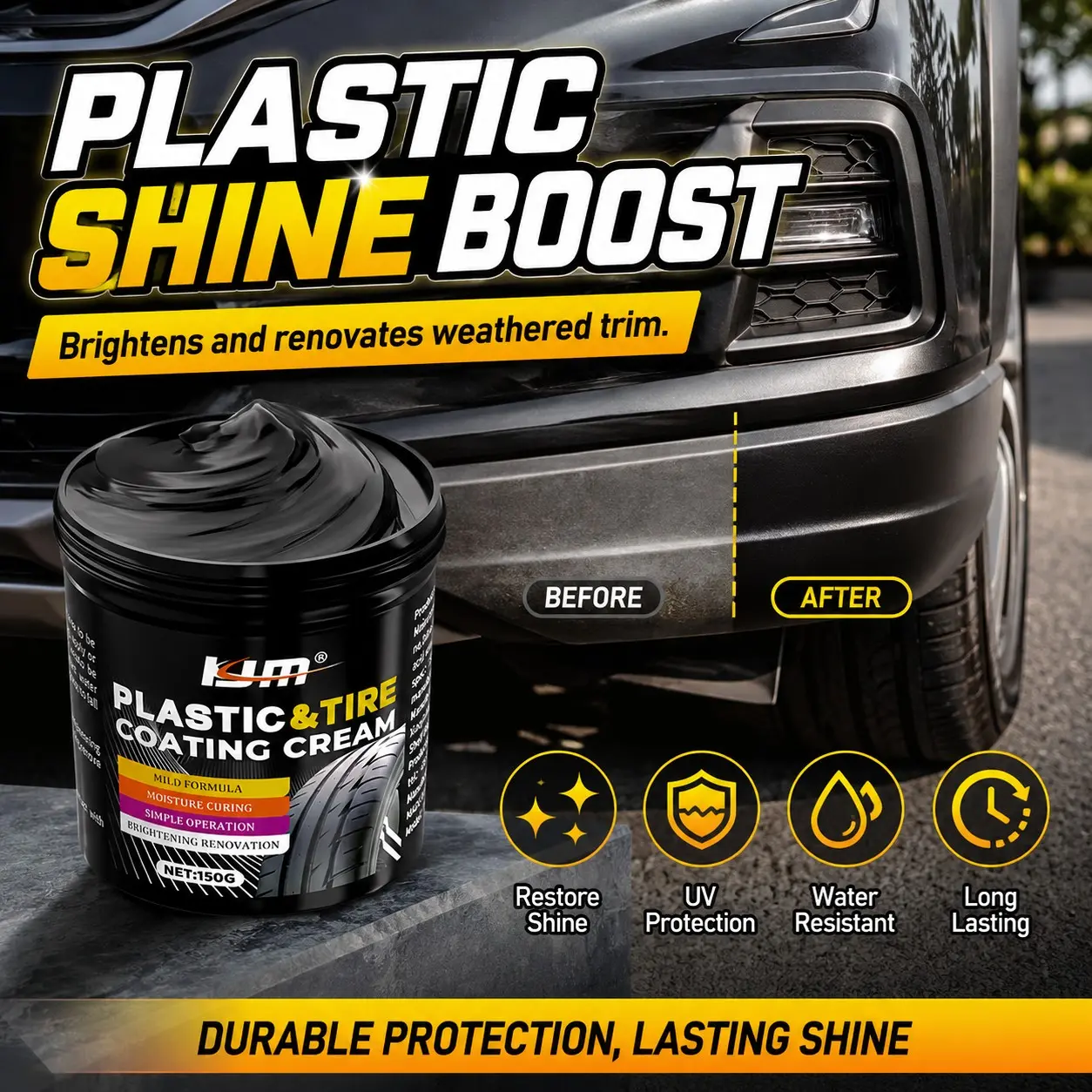Car Plastic Restorer Polish Paste 150g, Tire Interior Bumper Shine Protection, Long Lasting Gloss, Automotive Plastic Care, Auto Detailing Supplies