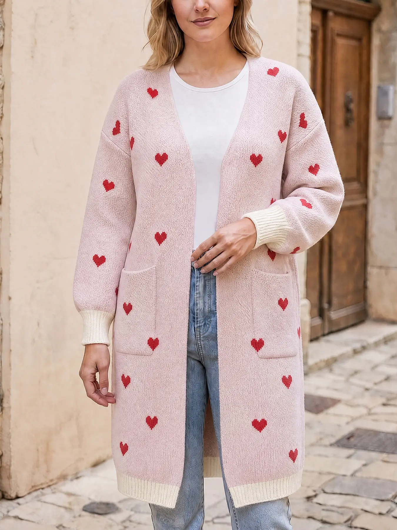 Women Heart Print Long Knit Cardigan, Open Front Pocket Long Sleeve Loose Sweater Coat, Fall Winter Casual Outerwear for Daily Shopping Dating Home Outings