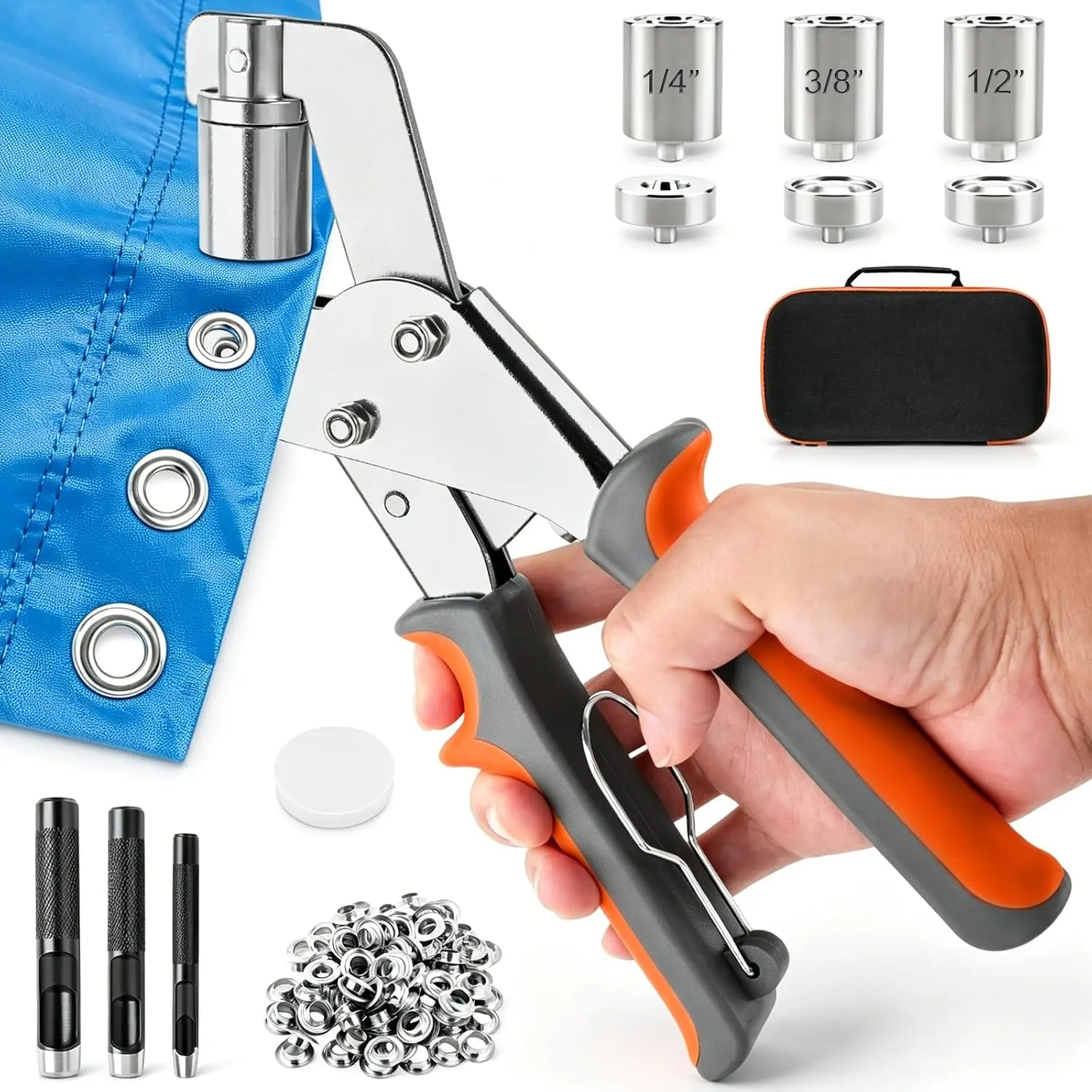 609 count Grommet Tool Kit 1/2 1/4 3/8 Inch Eyelet Tool Kit for Fabric | Heavy Duty Grommet Kit, with 600 count Eyelets and Grommets, For Tarps Leather Banners Tents Canvas, Upgraded Grommet Maker Tool
