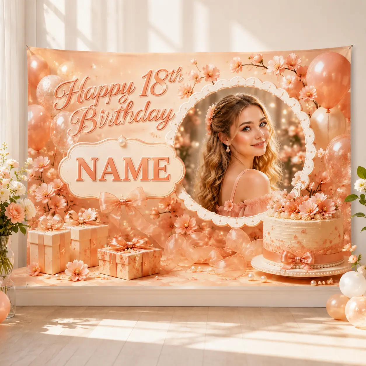 Personalized Peach Floral 18th Birthday Backdrop with Photo and Name, Blossom Frame, Balloons, Bows, Gifts and Cake