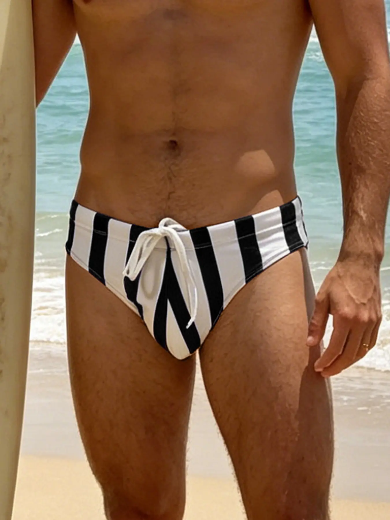 Men's Classic Vertical Stripe Swim Trunks, Drawstring High Waist Quick-Dry Elastic Swimsuit, Summer Beach Poolwear Clothing