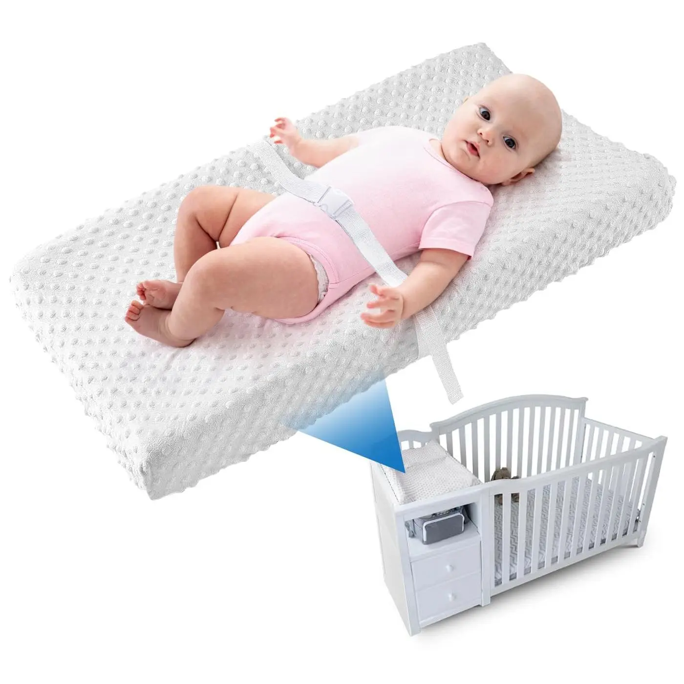 Compact Small Changing Pad with Cover - 27" X 16" Contoured Baby Diaper Changing Pad for Combo Crib with Changing Table, Waterproof & Hypoallergenic, Safety Strap with Quick-Release Buckle, Grey