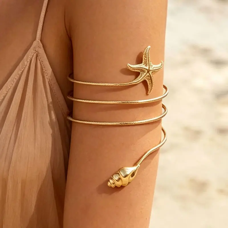 Women's Spiral Upper Arm Cuff - Adjustable Gold Multi-Coil Armlet With Starfish & Conch Shell, Boho Mermaidcore Body Jewelry For Summer Beach Vacation, Pool Party & Swimwear Outfit