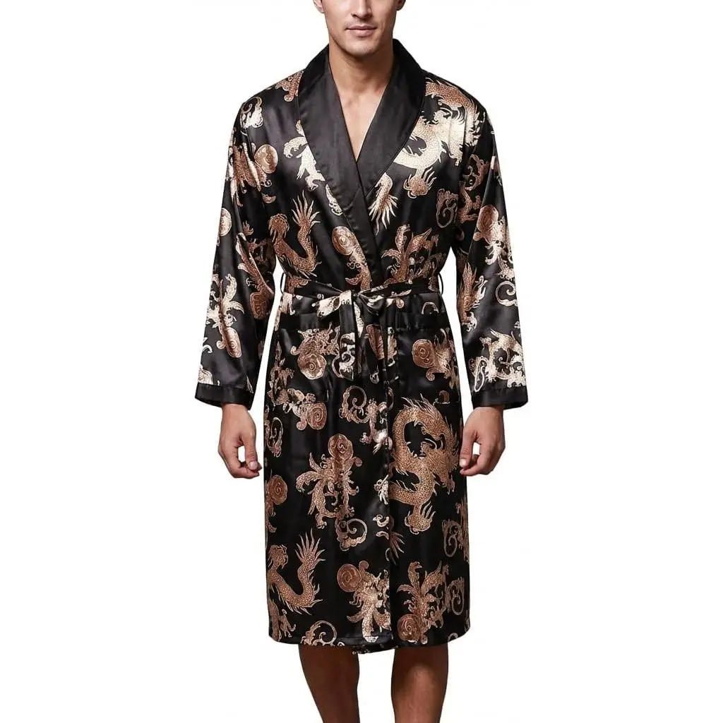 Men's Silky Satin Long-Sleeve Kimono Robe - Personalized Dragon-Patterned Fabric Pajamas, Sleepwear & Loungewear, Menswear, Classic, Tie, Print