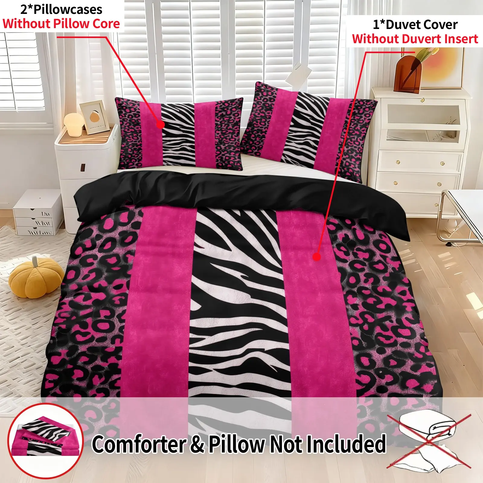 3Pcs Trendy Animal Print Duvet Cover Set, Hot‑Pink Leopard & Zebra Stripe Patchwork Bedding Set, Bold Stylish Home Decor for Youth & Girls, 1 Duvet Cover & 2 Pillowcase, No Filling, Leopard And Zebra Bedding Set
