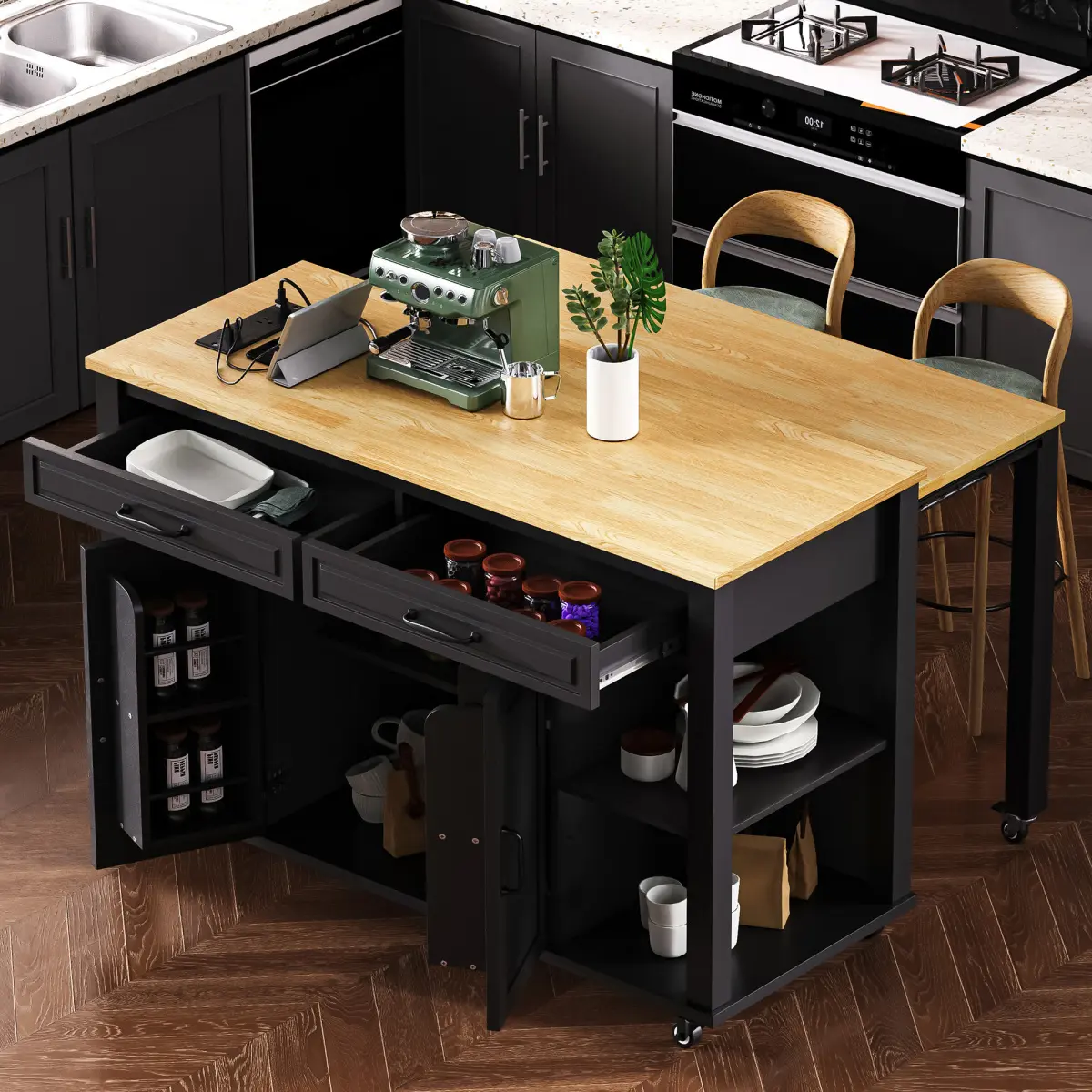 47 inch Kitchen Island with Extendable Dining Table, Rubber Wood Veneer Kitchen Table with Internal Storage Rack, Power Outlet, Kitchen island with Storage 2 Drawers 2 Cabinet, Black