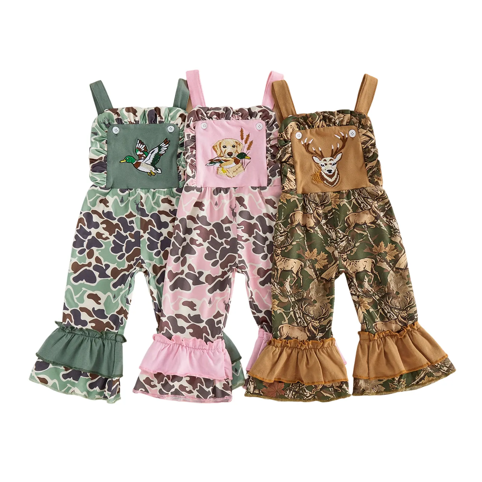 Toddler Baby Little Girl Camouflage Overalls Animal Embroidered Sleeveless Flare Pants Jumpsuit for Summer Spring Fall 0-3 Years
