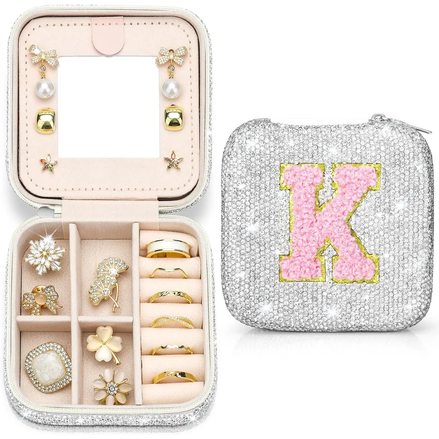 Bling  Travel  Case, K Initial  Box for Women Girls, Portable Small  Organizer Travel Essentials for Necklace Earrings Rings - Letter K,