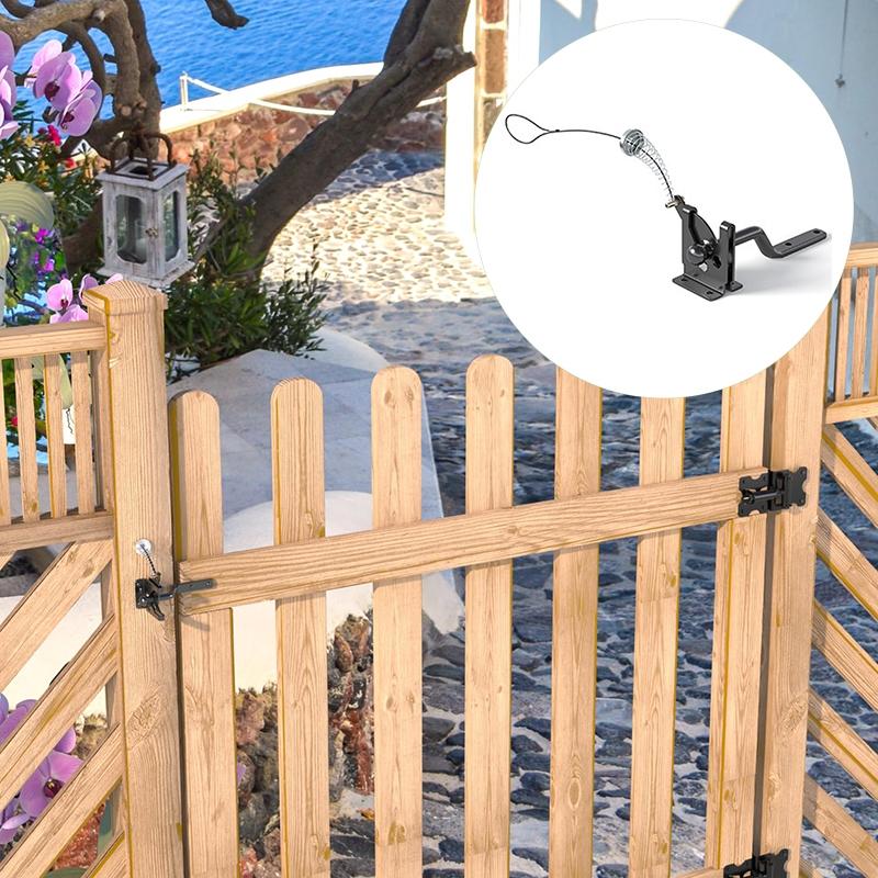 Self Locking Gate Latch with Spring Cable Pull, Automatic Gravity Lever Gate Fence Door Lock, Door Security Lock for Wooden Fence/Vinyl Door/Aluminum Gate