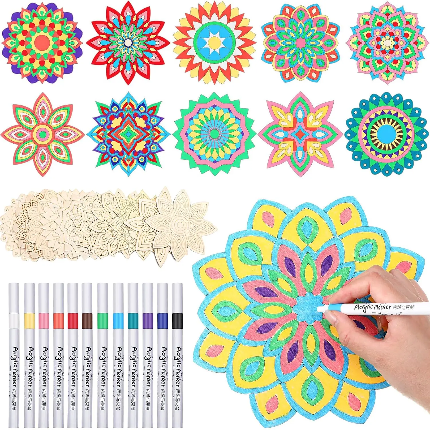 22 count Wooden Mandala Painting Set 10 Mandala Unfinished  Cutouts with 12 Markers for Crafts Diwali Craft  Slices for Adults Painting DIY Tags Wedding  Decors(Artsy Style)
