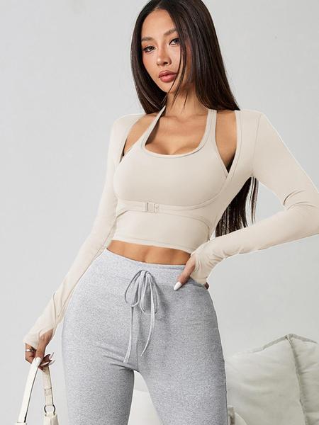 Women's Two-Piece Set, Halter Crop Tank Top & Thumb-Hole Sports Tee, Sleeveless Cami & Buckle-Front Top, Gym Yoga Exercise Clothing for Women, Sportswear For Gym