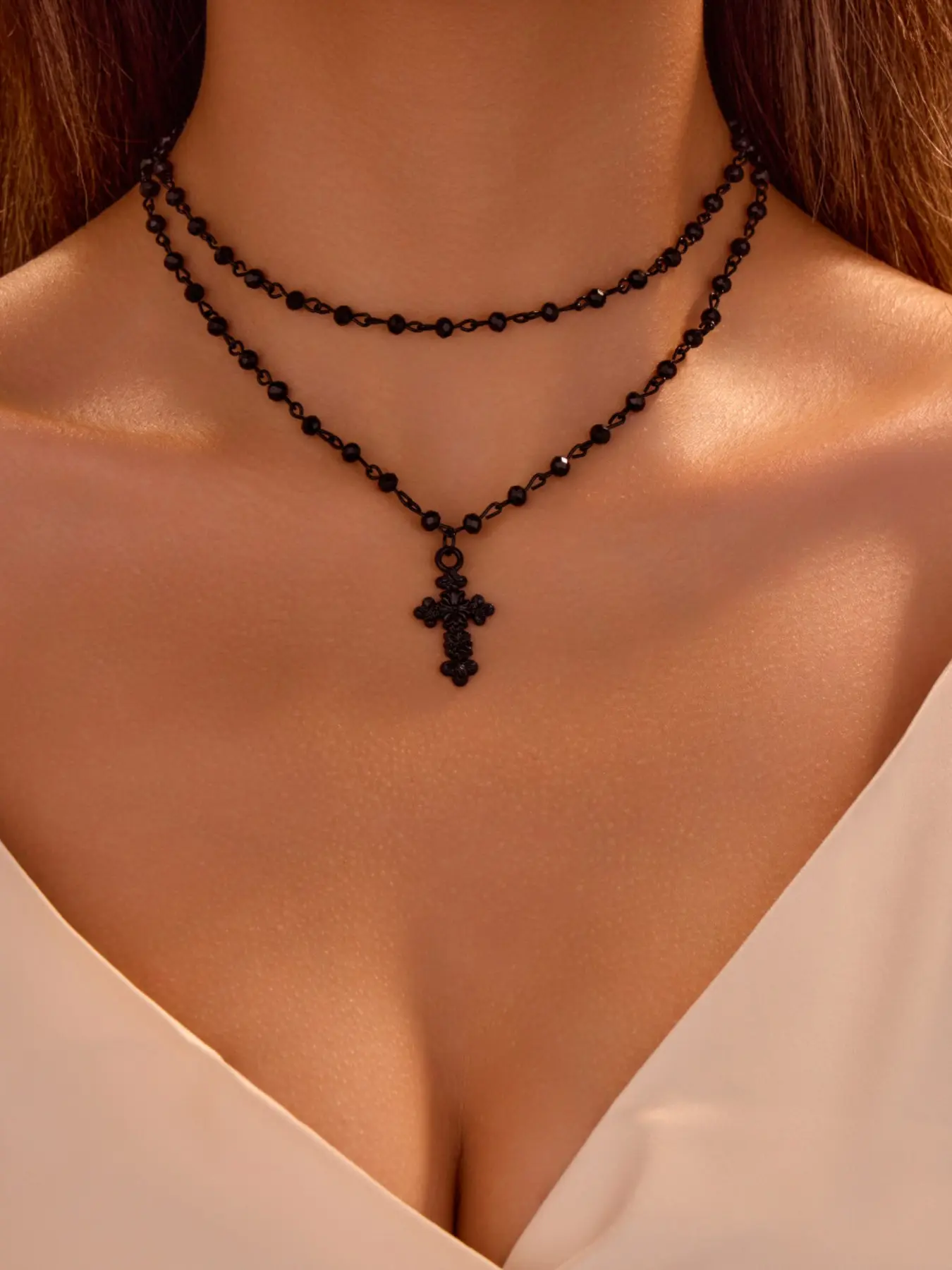 Women's Double Layer Beaded Necklace, Gothic Flower Cross Pendant, Dark Punk Vintage Religious Statement Jewelry, Elegant Neckpiece, Punk Style Necklace, Bead Necklaces