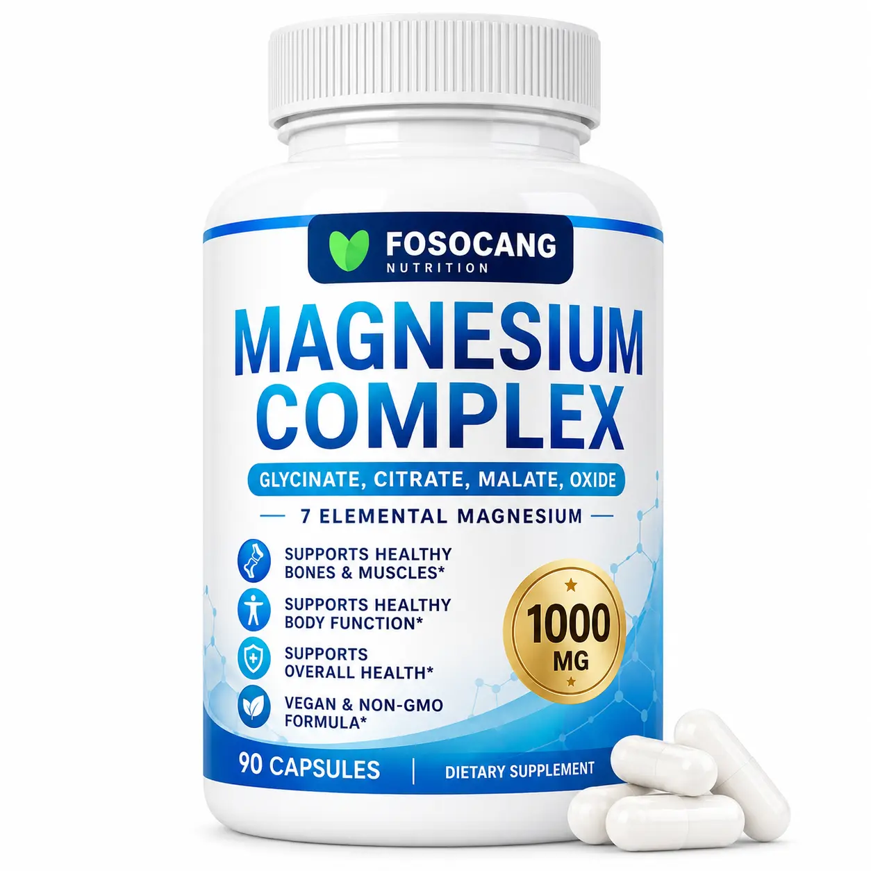 FoSoCang 7-Element Magnesium Complex Supplement, 1000mg - Magnesium Glycinate, Citrate, Malate, Taurate, Oxide, Aspartate, Orotate - Non-GMO, 90 Capsules (Pack of 1)