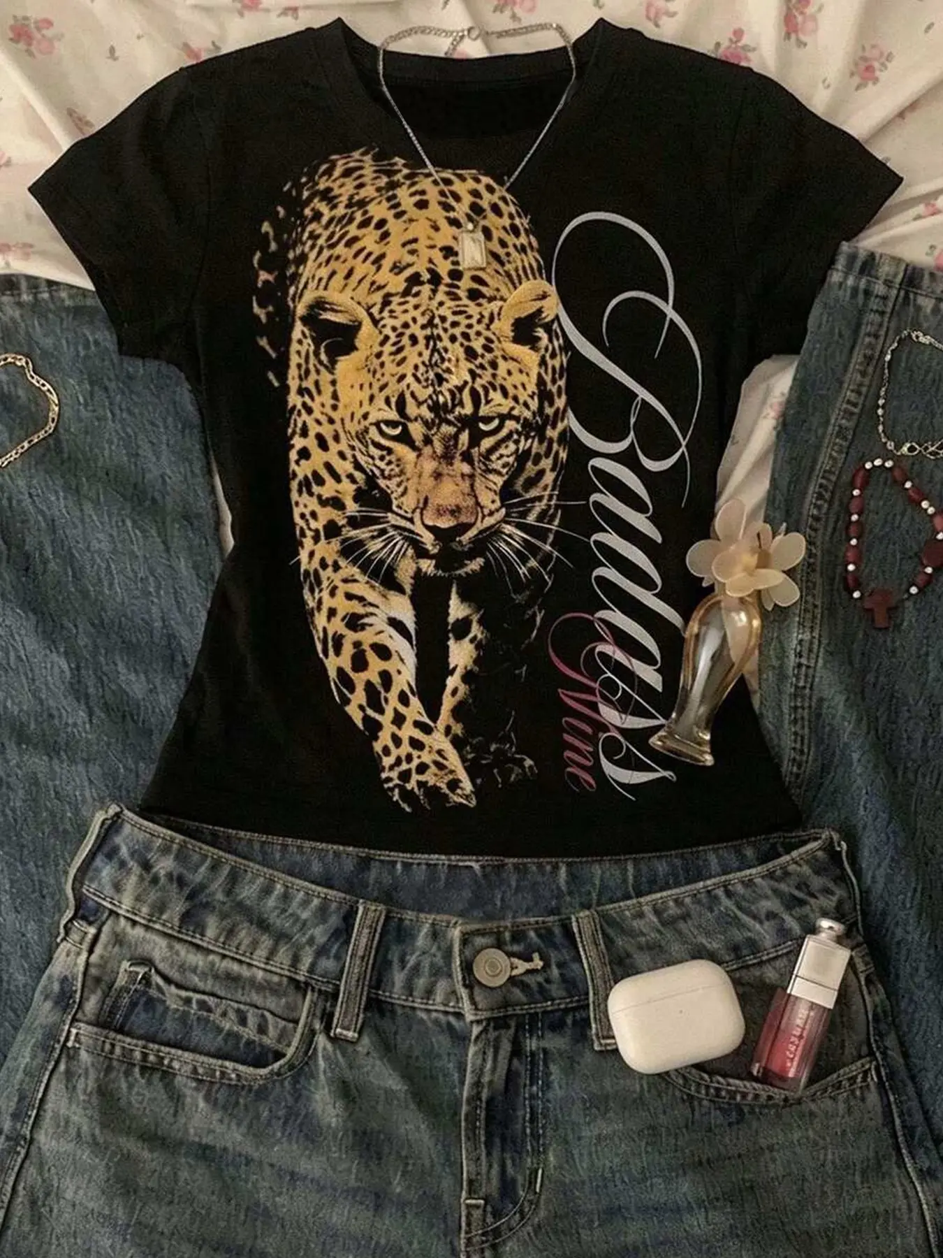 American Vintage Leopard Print Slim Fit Short Sleeve T-Shirt, Y2K Style Aesthetic Tight Top, Casual Fashion Women's Clothing