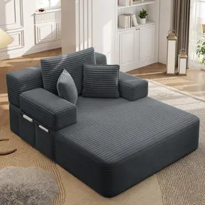 Aobtkel®Luxurious Plush Corduroy Chaise Lounge with 3 Pillows, Convertible Sofa Bed with Storage Pocket, Frameless Design & Compression Foam for Small Spaces, Living Room, Apartment,Purple