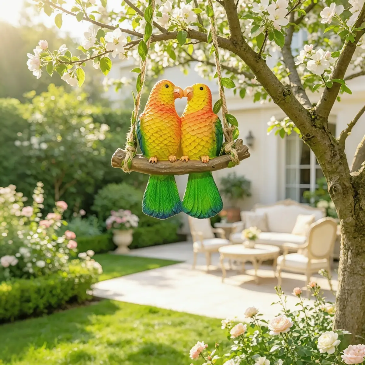 1PC Pastoral Painted Couple Parrot Hanging Ornament, European Modern Kissing Parrot Decor, Healing‑Style Bird Pendant for Outdoor Garden Yard Balcony Home Decor, Nature Photo Prop, Gift for Garden Lovers