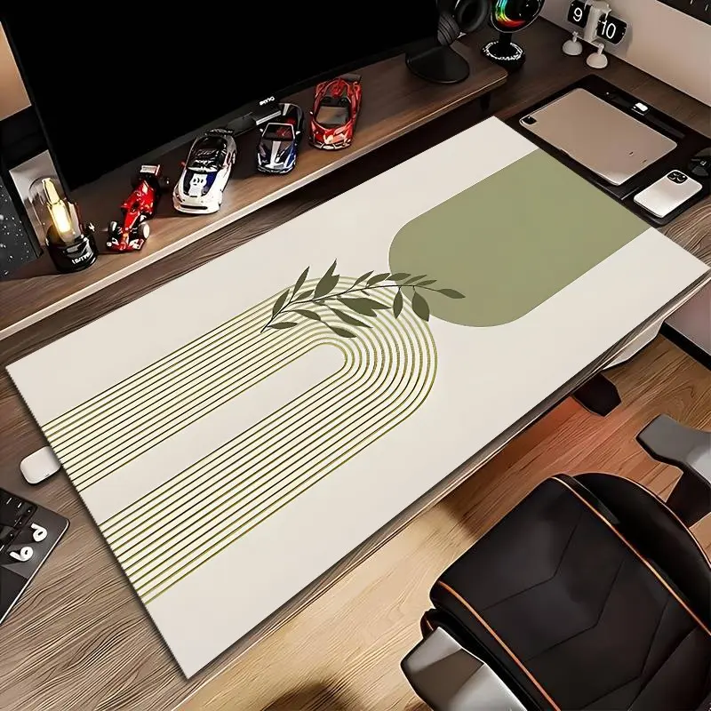 Silica Gel Mouse Pad, Morandi Olive Geometric Leaf Large Size, Non-Slip Rubber Base, Washable and Durable, Ideal for Gamers and Office, Large Desk Mat