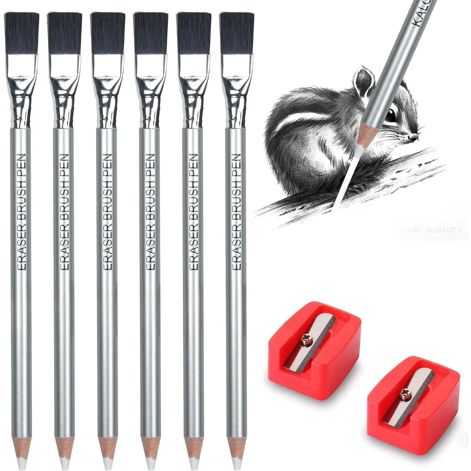 Detail Eraser Pencil - 6 count Pencils with Brush and 2 count Sharpener,Erasing Small Details or add Highlights for Sketching, Charcoal Drawings. Fine Detail Eraser for Beginners & Artists