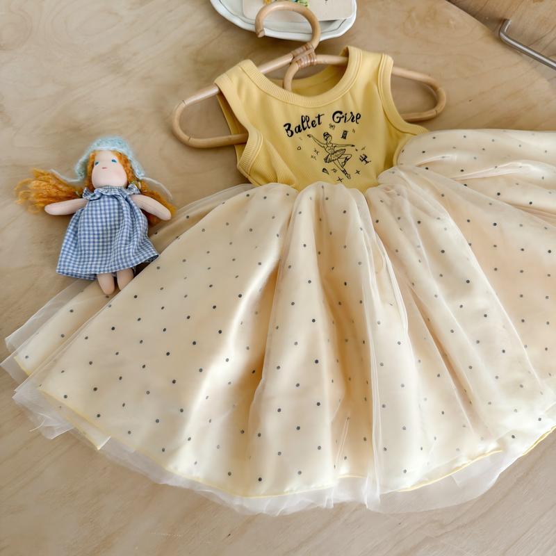 Girls' Polka Dot Multi-Layered Sheer Tulle Tutu Dress - Ribbed Knit Crew Neck, Sleeveless, A-Line, Ballet Aesthetic Design, Pull-On, Resists Stretching, Neat Hem Stitching, Machine Washable, Premium Craftsmanship for Summer Casual Sport & Outdoor Wear