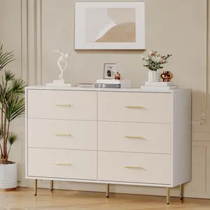 Garvee 6 Drawer Modern White Dresser with Gold Metal Legs and Handles, Large Double Wooden Chest of Drawers for Bedroom, Living Room Storage Cabinet, Entryway Organizer