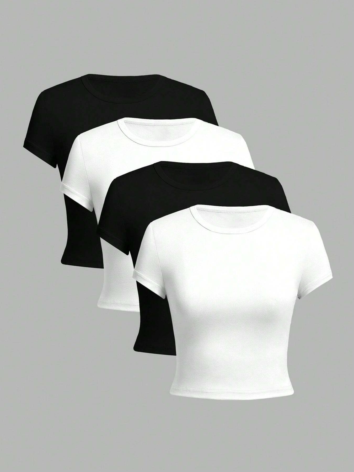 Women's Solid Round Neck Crop Tee, Casual Minimalist Short Sleeve Crew Neck Basic T-shirt for Summer, Ladies Clothes for Daily Wear, Womenswear, Classic T Shirt
