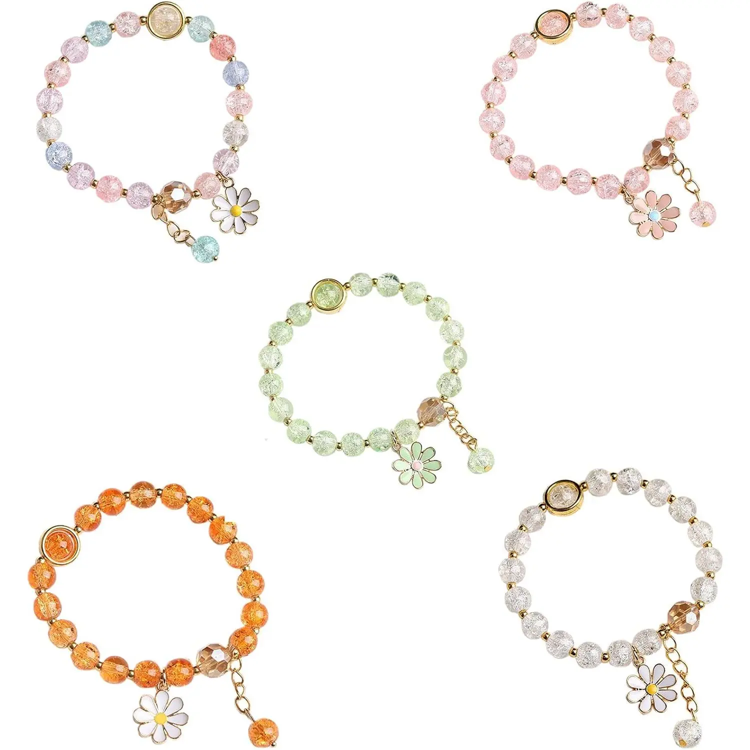 5 Pcs Colorful Flower Charm Bracelets Set Handmade Crystal Beaded Daisy Bracelets for Women Jewelry