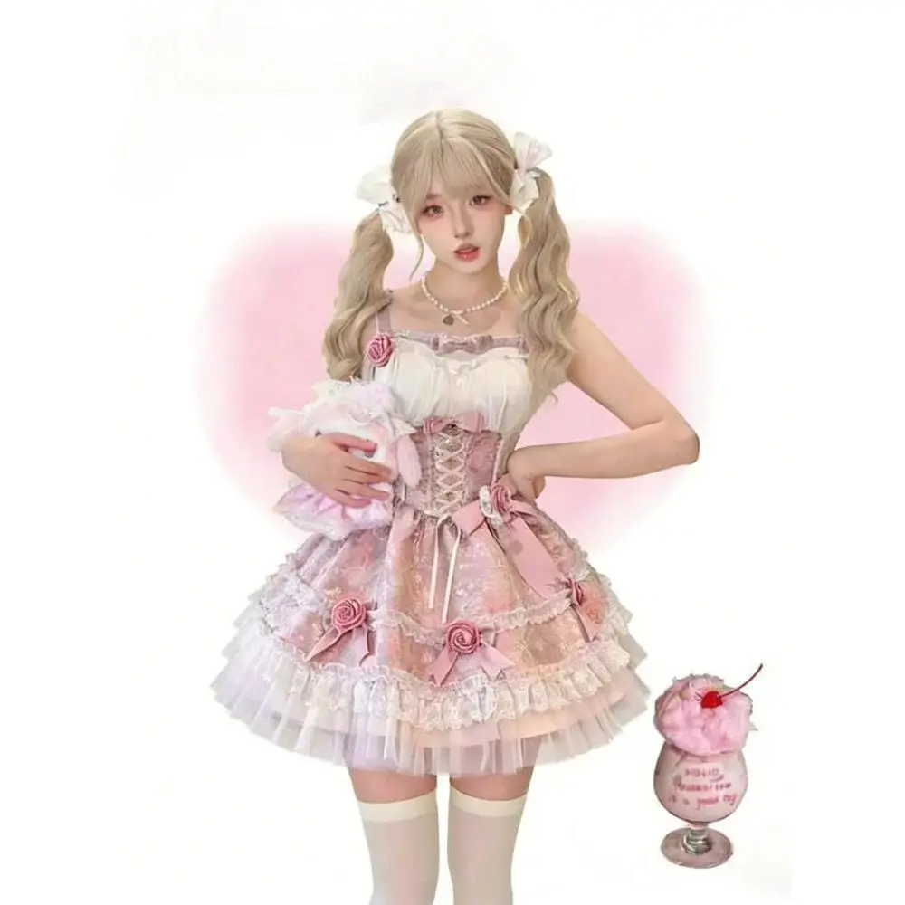 Sage Green Lace Bow Lolita Dress Women Kawaii Ruffled Tiered JSK Dress Princess Party Cosplay Cute Sleeveless Dress 2026 New