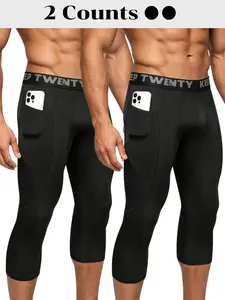 Men's 2Pcs Compression Leggings With Pockets, Quick Dry Moisture Wicking Breathable Summer Athletic Skinny Pants, Stretchy Letter Print Base Layer Bottoms For Running Gym Basketball Outdoor Sports,Workout