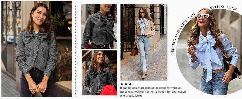 Imily Bela Womens Plaid Shirts Bow Tied Neck Button Down Long Sleeve Casual Dressy Blouse Tops Womenswear Chic