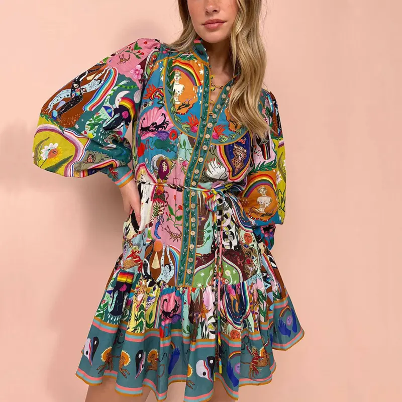 Women's Fantasy Bohemian Printed Lace-Up Pleated Dress - Lantern Sleeves, Ruffled Edge, Contrasting Colors for Party, Casual Wear (Sports & Outdoor Dancewear)