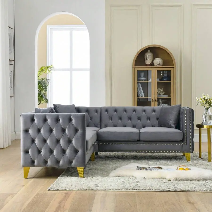 82.2-Inch Velvet Corner Sofa, L-Shaped Sectional Couch, 5-Seater Corner Sofas With 3 Cushions Living Room, Bedroom, Apartment, Office