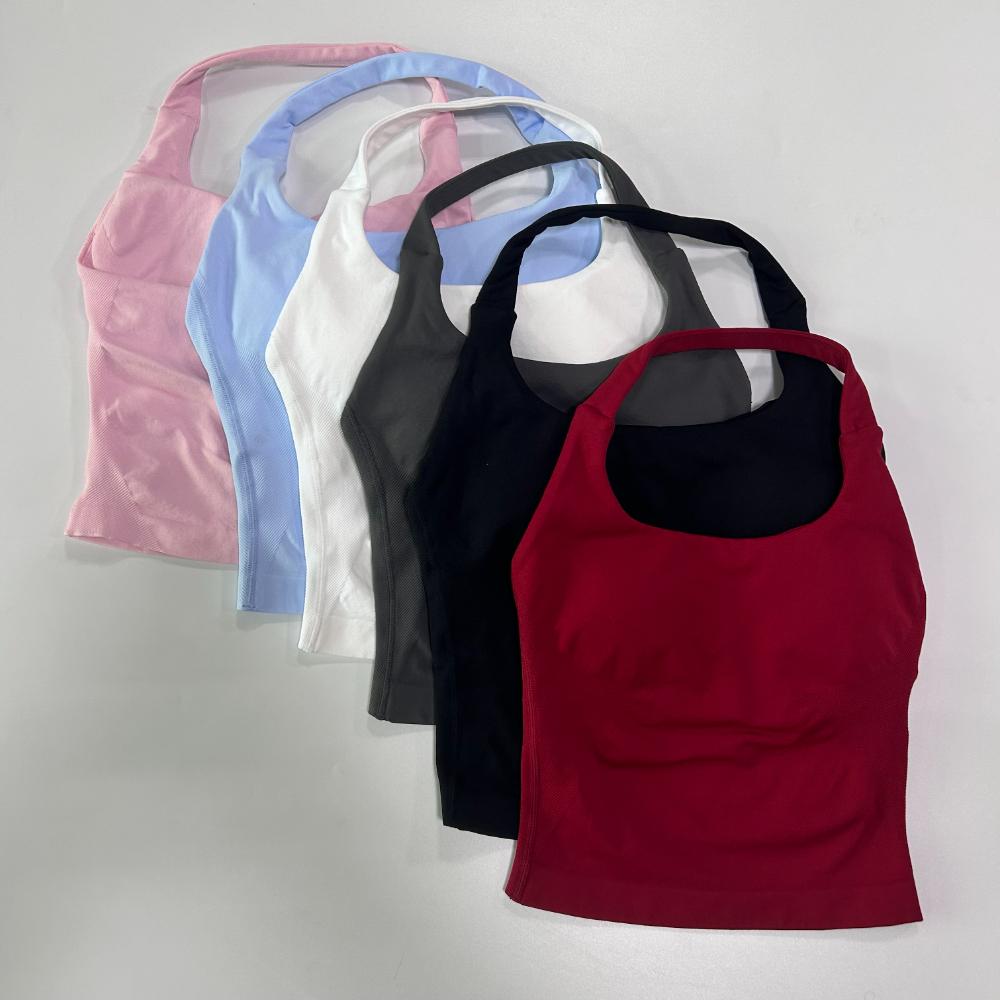 Seamless Halter Top Backless Longline Strappy Padded Gym Top Women Built-in Bra Removable Cups Activewear Yoga Workout Tank Tops