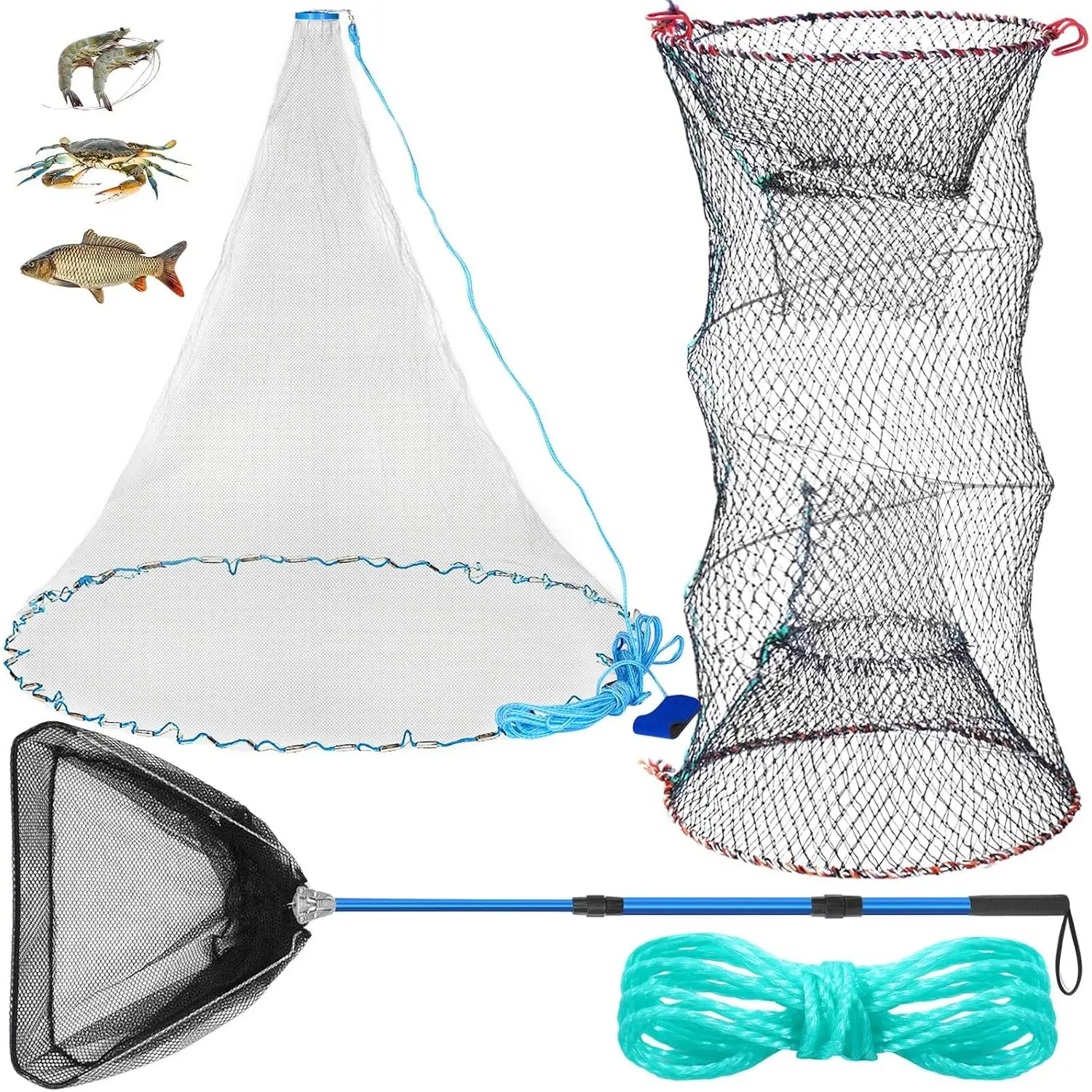 3 count Fishing Cast Net with Heavy Duty Sinker Portable Folded Lobster Crab  Fishing Net with Long Robust Telescopic Handle Freshwater Saltwater  Fishing Accessories