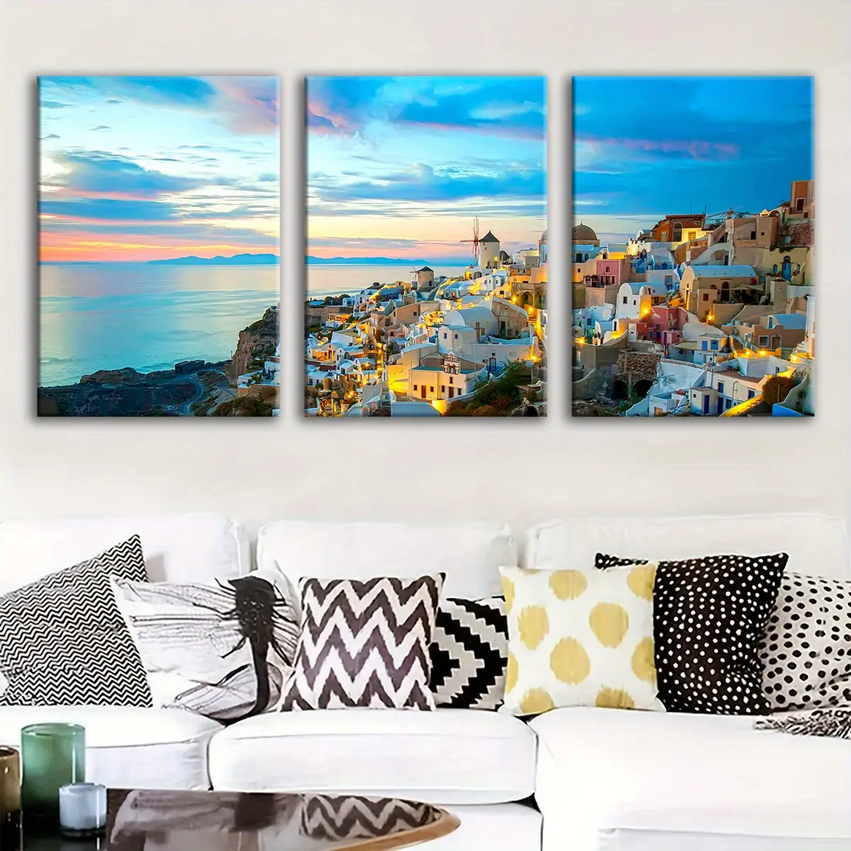 3Pcs Wood Framed Canvas Prints, Panoramic Sunset Seaside Town, 8K Waterproof Odor-free Coastal Wall Art for Living Room, Bedroom & Office, Nice Gift for Families & Friends