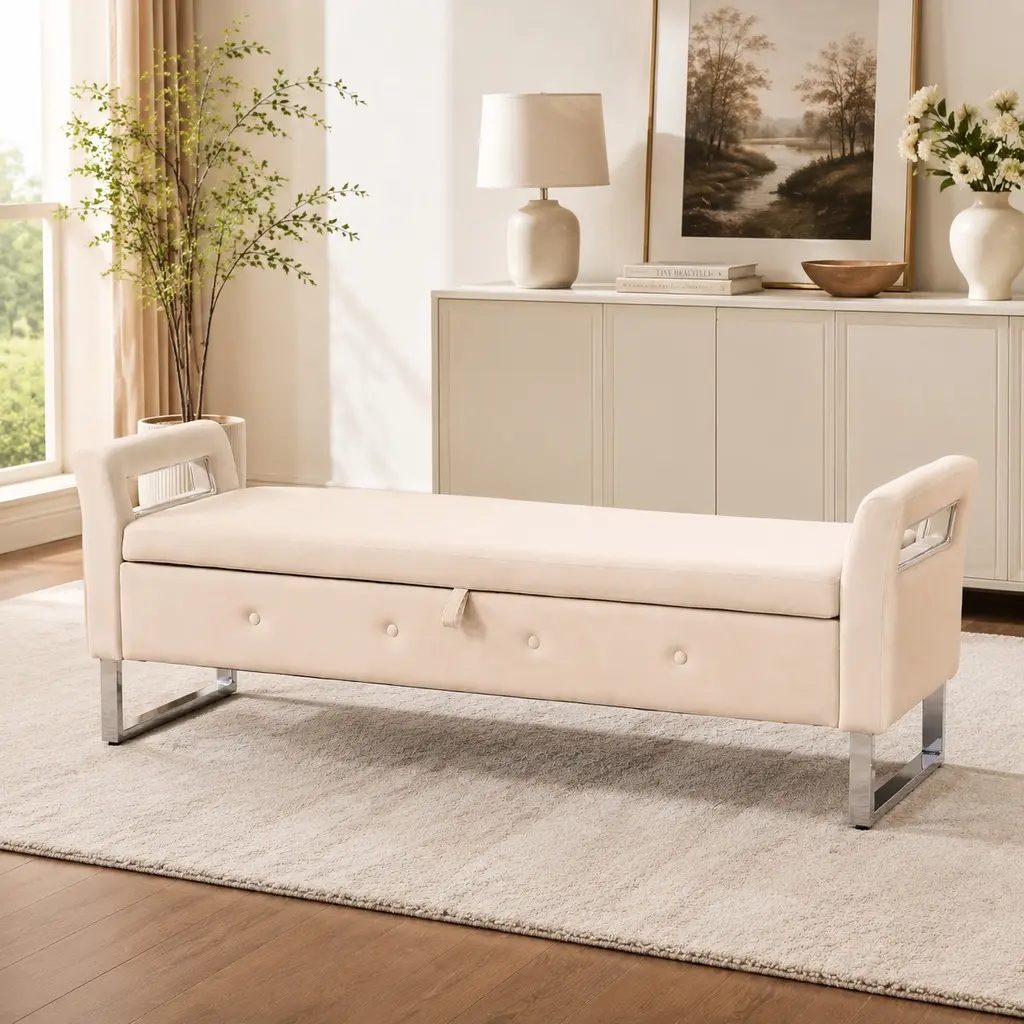 ARCH Velvet Storage Bench with Armrests, 67.91" Wide Soft Ottoman Bench with Hidden Storage Compartment, Beige Upholstered Entryway Bench for Living Room Bedroom Hallway, Foam Padded Seat, Easy Assembly, Beige Color Options, Velvet Material