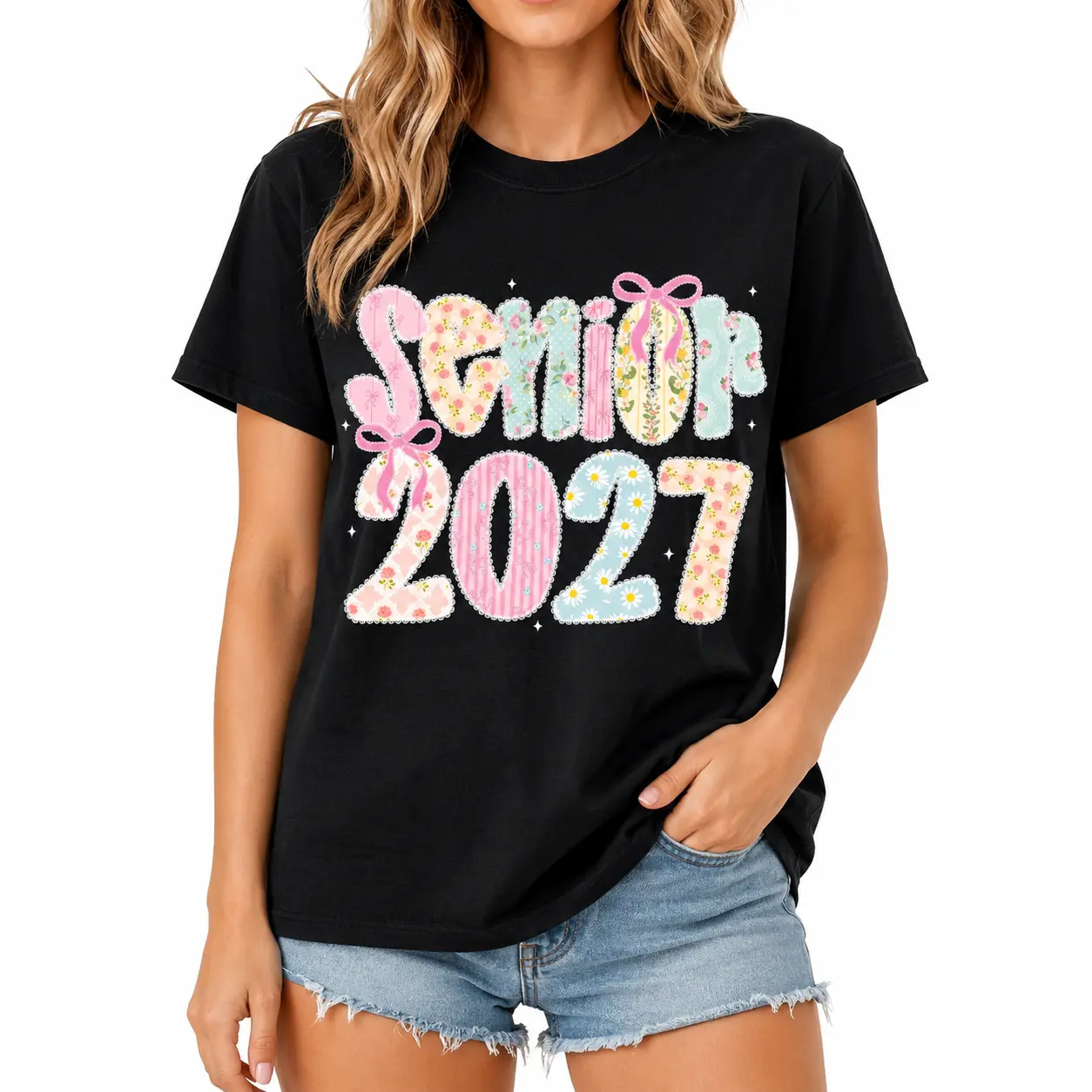 Senior 2027 Shirt, Coquette Lace Floral Graphic Tee, Class of 2027 Graduation T-Shirt, High School Senior Gift