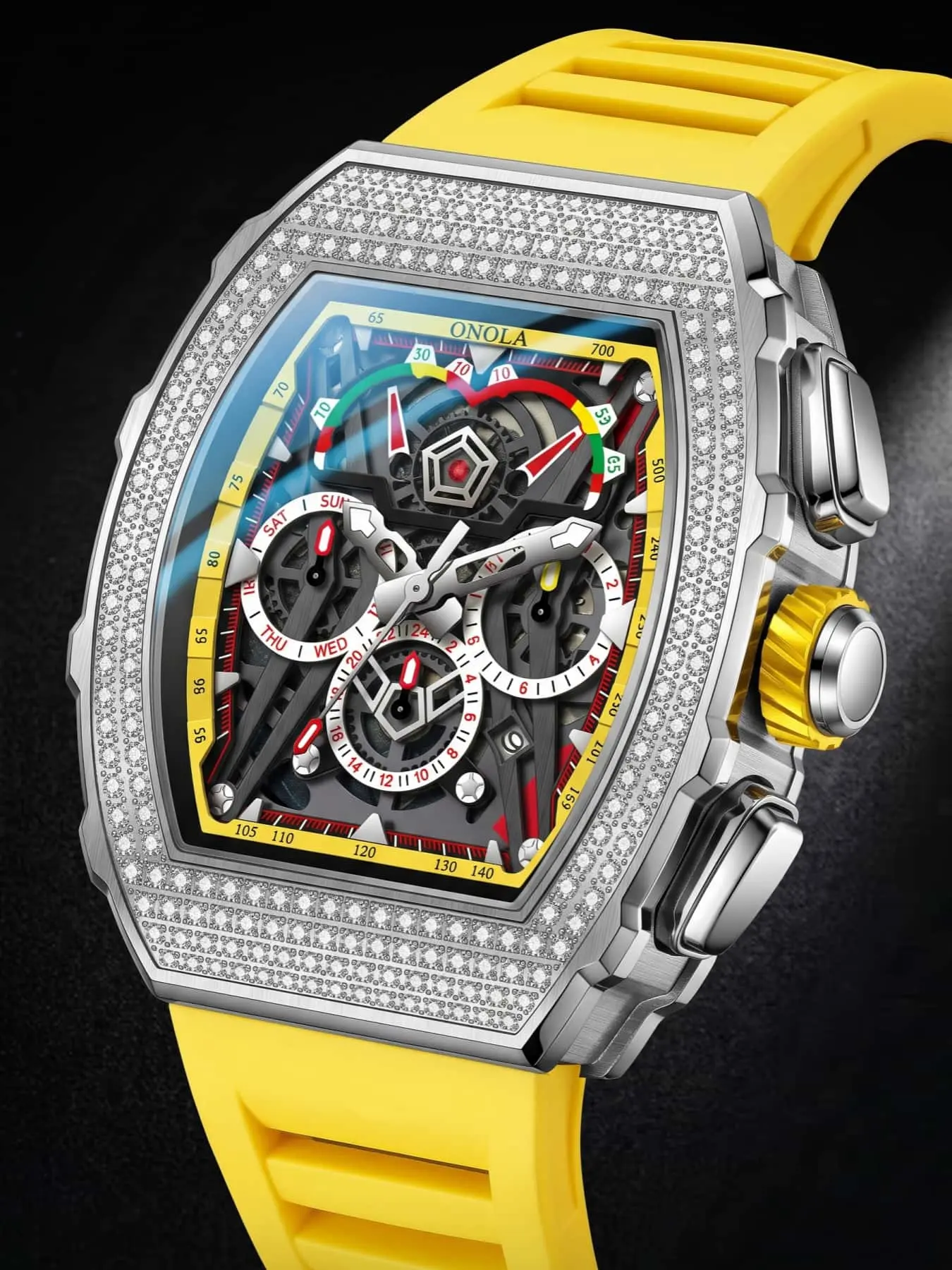 ONOLA Men's Mechanical Watch, Fashion Automatic Date Wristwatch Men Tonneau Hollow Hand Watch Diamond Bezel Week Calendar Chronograph Mechanical Watch Silicone Strap Luxury Sports Wristwatch For Male