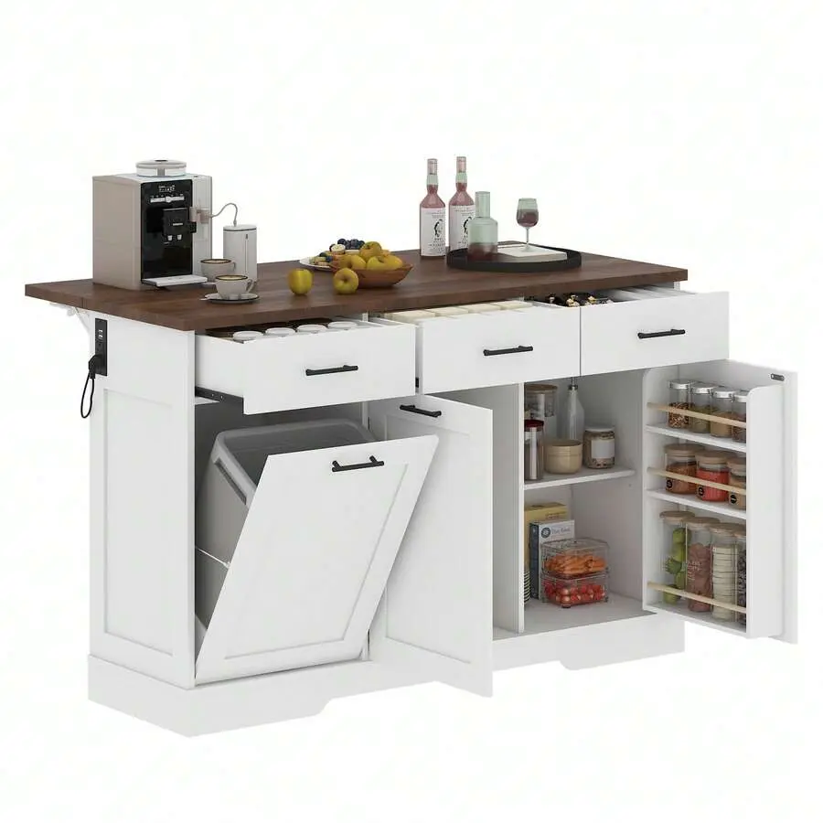 Foldable Island With 3 Drawers, Trash Cabinet & Storage Shelves, Breakfast Bar Table With Towel Rack & Footrest Or Dining Room (White)
