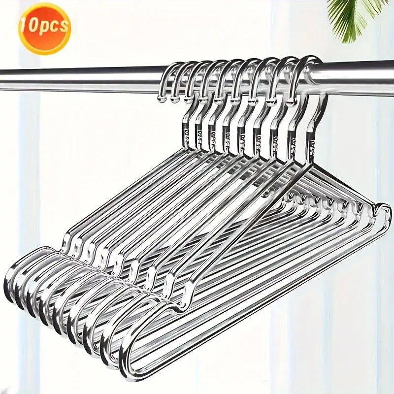 10pcs Stainless Steel Hangers, Polished Finish, Non-Slip Grooves, Design, Ideal for Coats, Suits, Dresses, Closet Organization