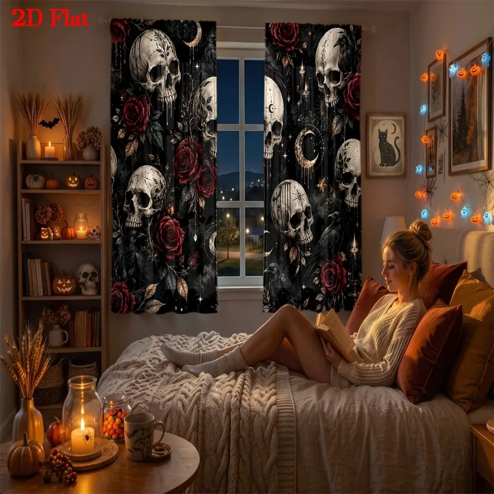 2D Flat 2Pcs Skull Rose Moon Starry Sky Pattern Curtains Black Gothic Vintage Style Window Drapes for Home Decor