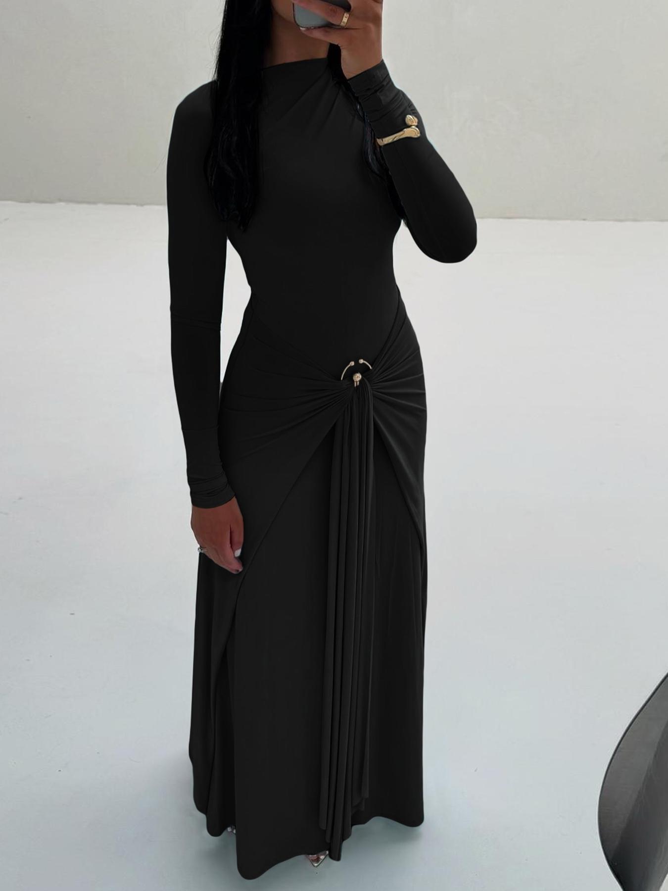 Elegant Women's Long Sleeve Dress with Ring Buckle Tie, Slim-Fit Casual Muslim Clothing for Fall & Winter, Plain Color Daily Wear, Modest Solid Color Dress, Modest Muslim Outfits