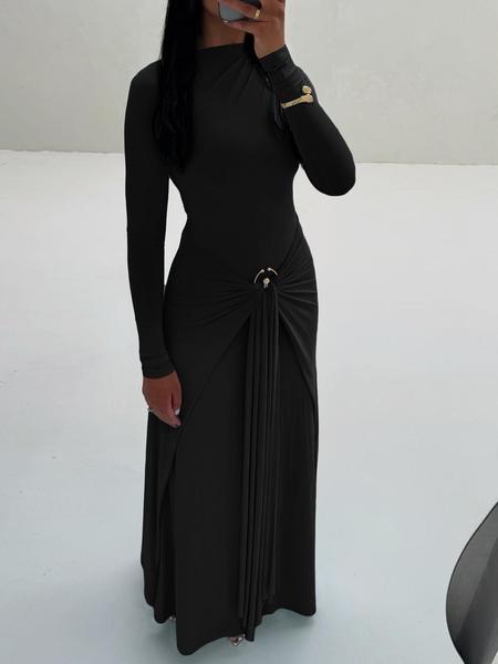 Elegant Women's Long Sleeve Dress with Ring Buckle Tie, Slim-Fit Casual Muslim Clothing for Fall & Winter, Plain Color Daily Wear, Modest Solid Color Dress, Modest Muslim Outfits