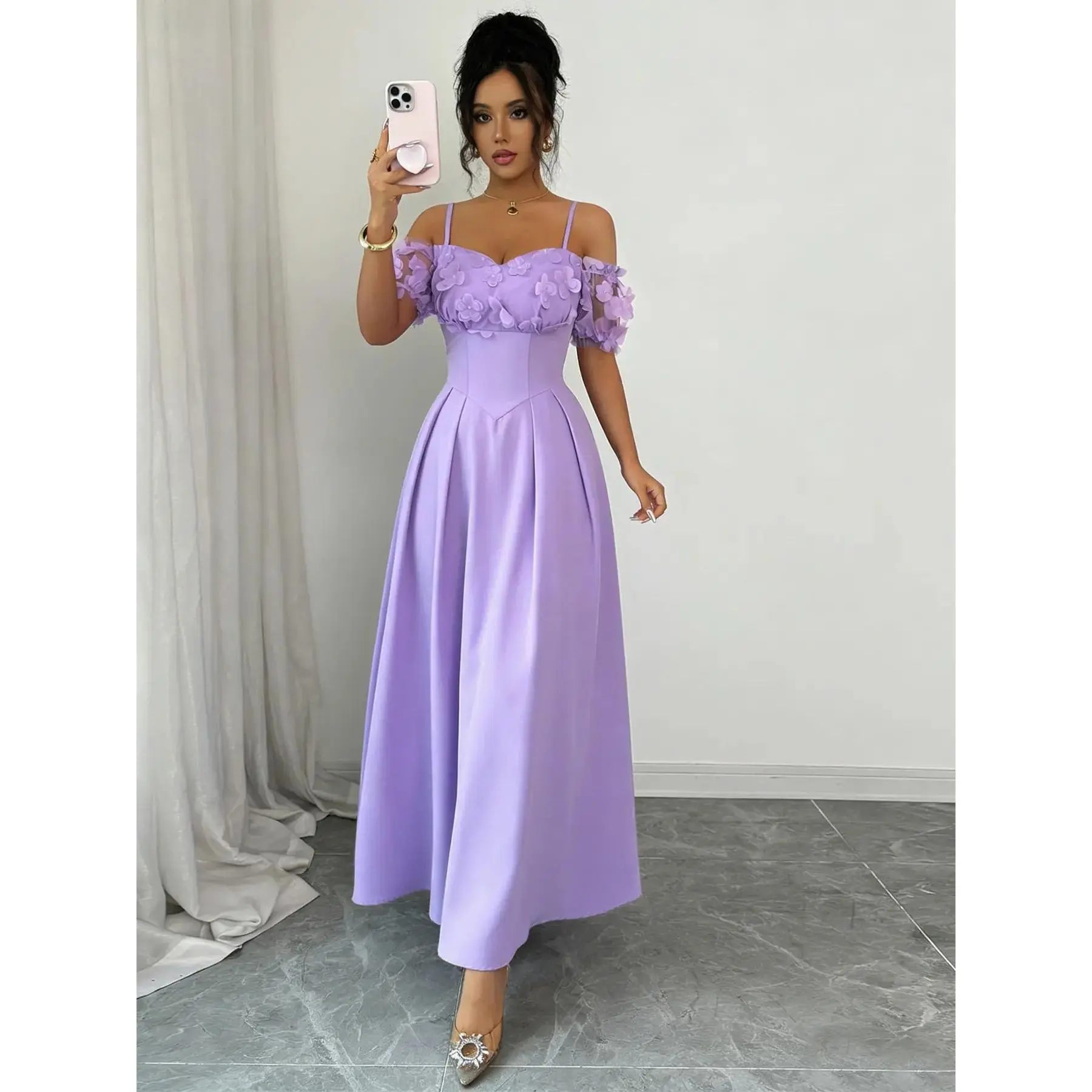 Elegant Feminine Women's Floral Embroidered Maxi Dress, Off-Shoulder Thin Straps High Waist A-Line Gown, Wedding/party/formal Occasion, Formal Dresses Women, Elegance Lightweight Loose Fit Yoga Pants Short Sleeve