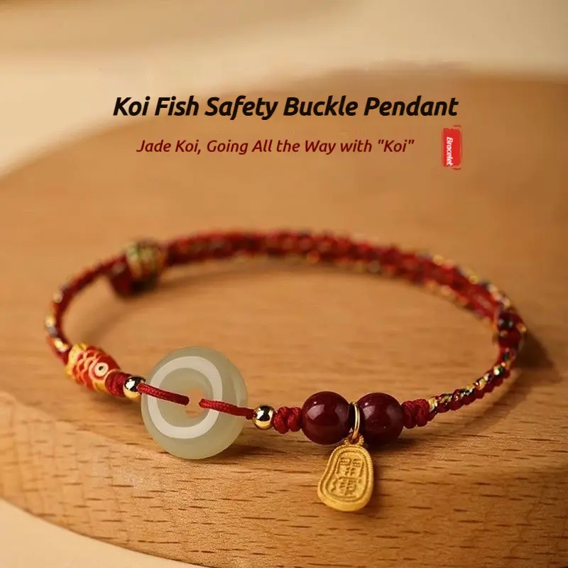 Koi Fish Amulet Bracelet with Five-Colored Red Cord, Woven with Cinnabar for Good Luck, Red Cord Bracelet, Gift for Girls and Girlfriends