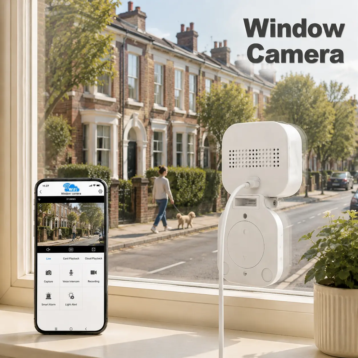 Window Security Camera , HD WiFi Indoor Home Window Camera with Night Vision, AI Human & Pet Motion Detection, Two-Way Audio,24/7 Loop Recording, Multi User Phone APP Access, Ideal for Apartment
