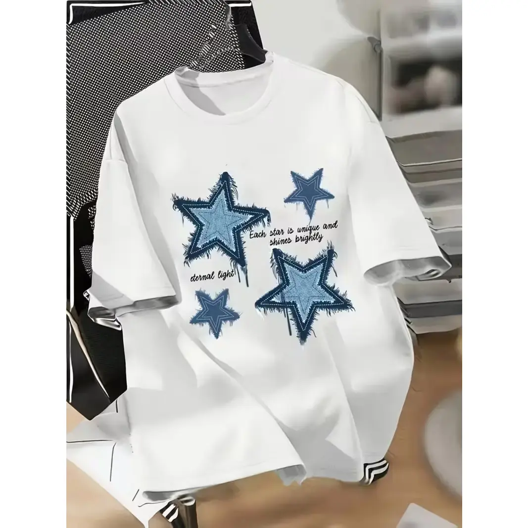Women's Cotton Oversized Short Sleeve T Shirt Frayed Blue Star Print Casual Streetwear Top Soft Comfortable Summer Outfit for Daily Wear School Hang Out