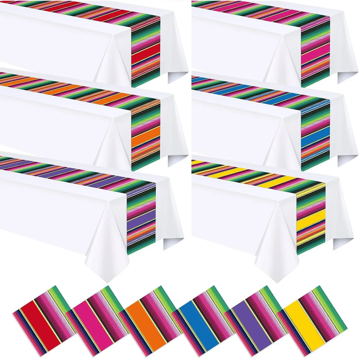 6 count Mexican Fiesta Table Runner, Fiesta Party Decorations Plastic Serape Striped Table Runner for Cinco De Mayo Taco Night Fiesta Party Decoration, Mexican Wedding Birthday  Decor, 108 x 14 Inch