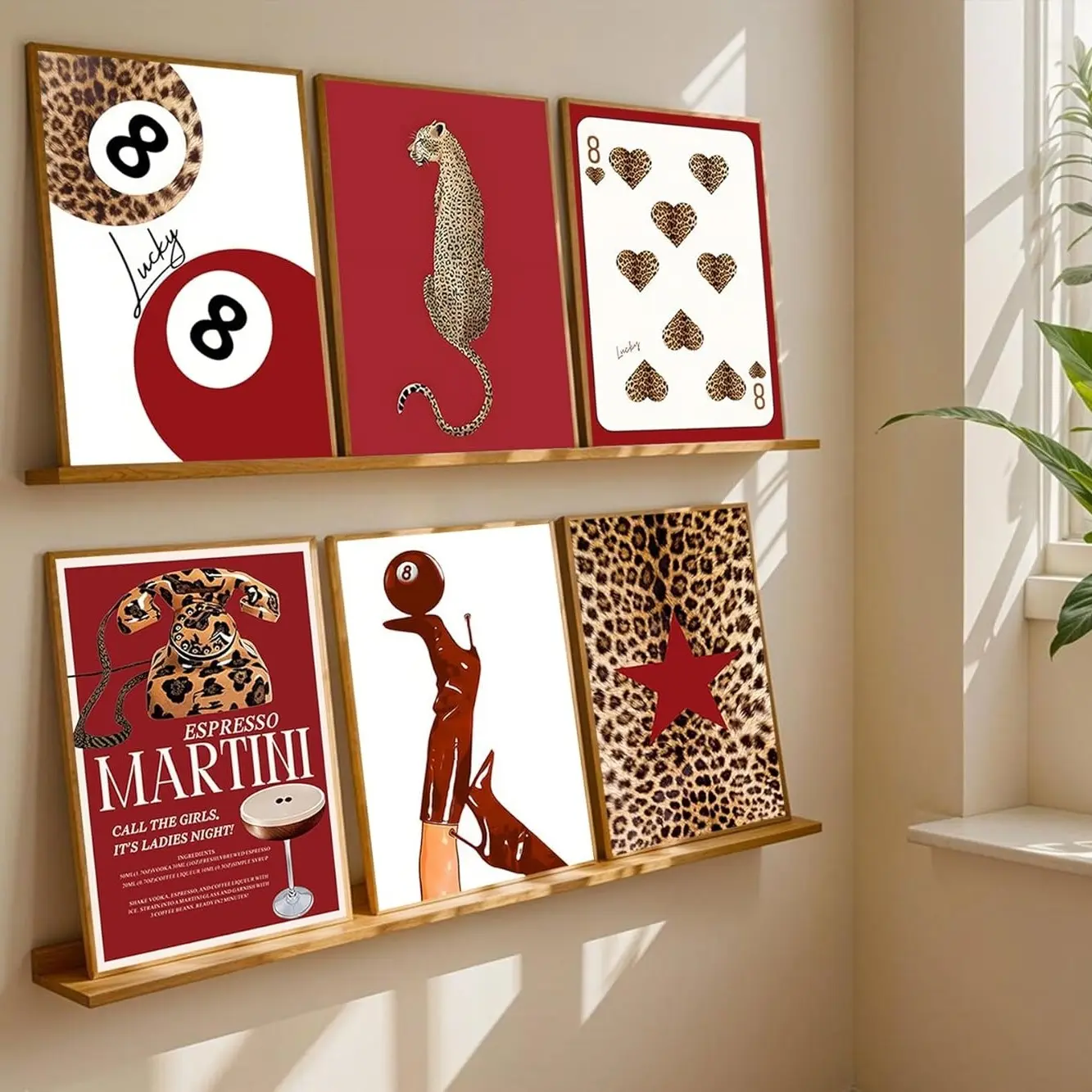6pcs/set Unframed Y2K Red Cheetah Fashion Decor Poster,Fashion Leopard Pattern,Animal Print Design,8-ball Decor Aesthetic Painting Poster,Room Wall Art,for Decor Bedroom